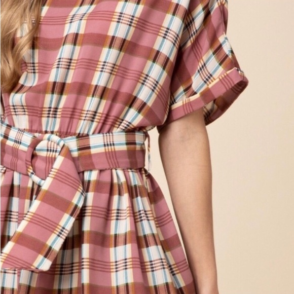 LAST ONE: Gorgeous women’s mini dress mauve plaid belted woven lightweight dress - Picture 3 of 3